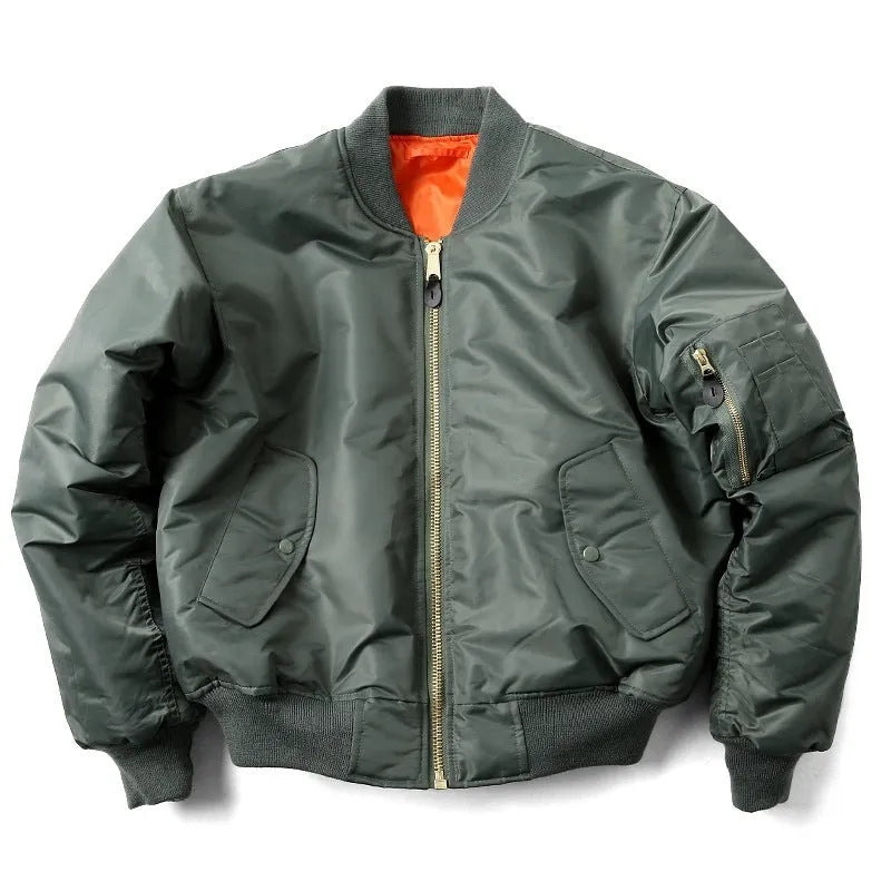 Men's loose-fit army green nylon pilot jacket on a hanger