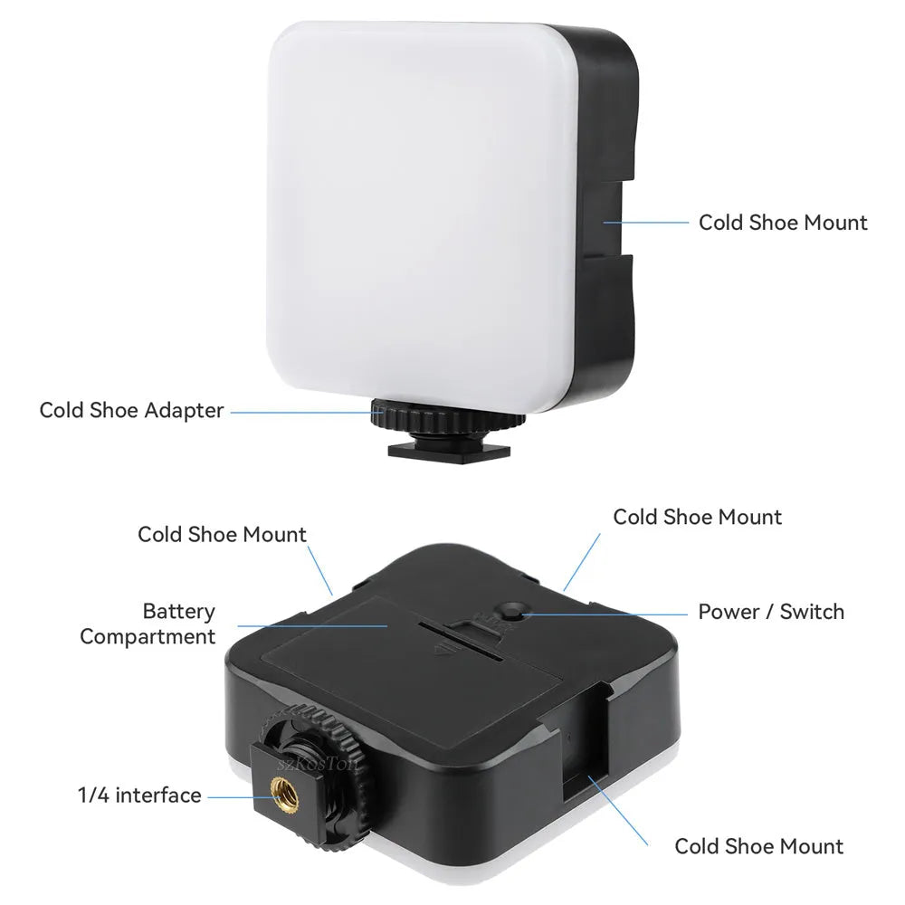 LED Mini Square Outdoor Pocket Light Tripod unit with adjustable flash head, shown with optional mounting accessories.
