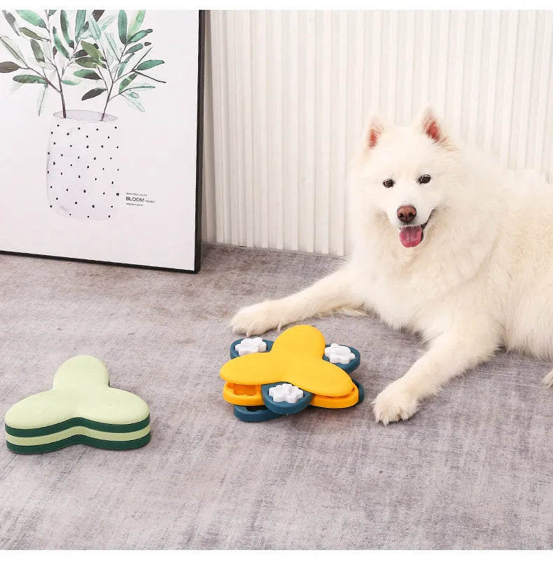 Green interactive dog puzzle bowl with bone-shaped covers on a non-slip base.