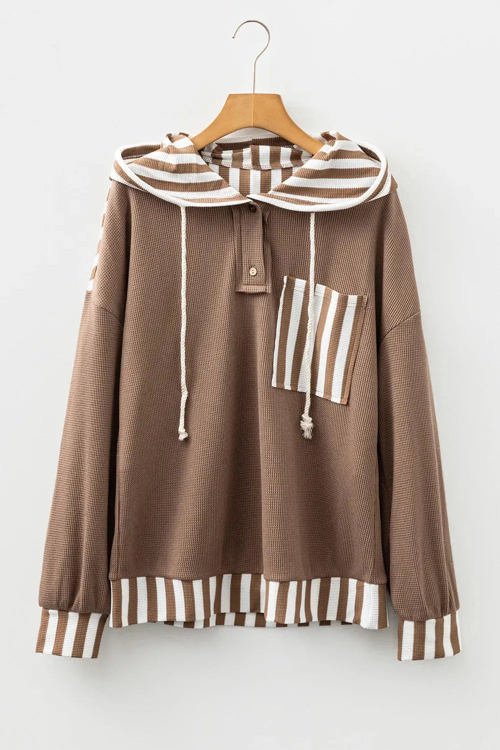 Straw yellow waffle texture ladies hoodie with striped patchwork and button neck closure