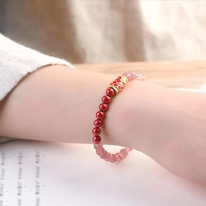 Purple cinnabar and strawberry quartz beaded bracelet with lucky beads peach blossom pattern for women