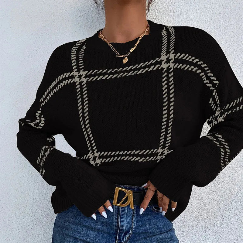 Women's casual plaid colour-block crew neck acrylic sweater in loose fit pullover style