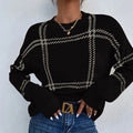 Women's casual plaid colour-block crew neck acrylic sweater in loose fit pullover style