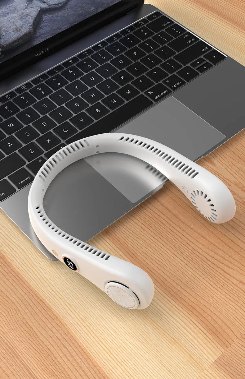 White bladeless neck fan with flexible neckband and USB charging port