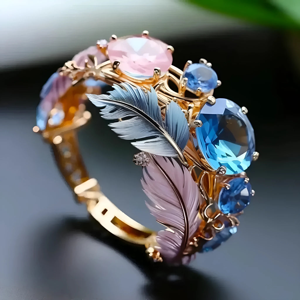 Geometric gold-coloured brass ring with embossed feather pattern and zircon stone inlay.