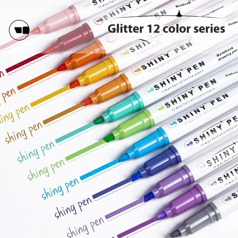 Set of four glitter highlighter pens with slanted tips in six colours including taro puff and mung bean smoothie