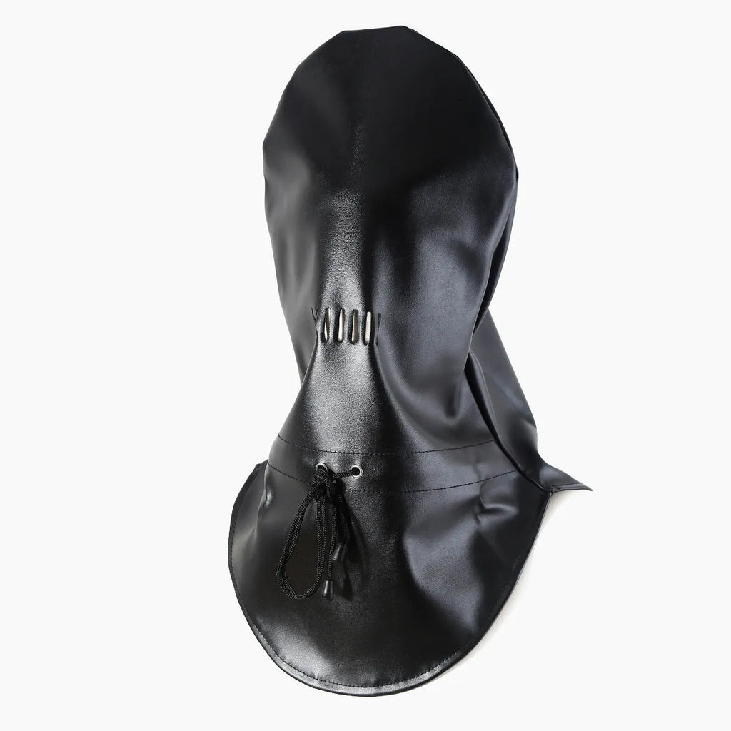 A black leather BDSM mask for adults with an adjustable strap.