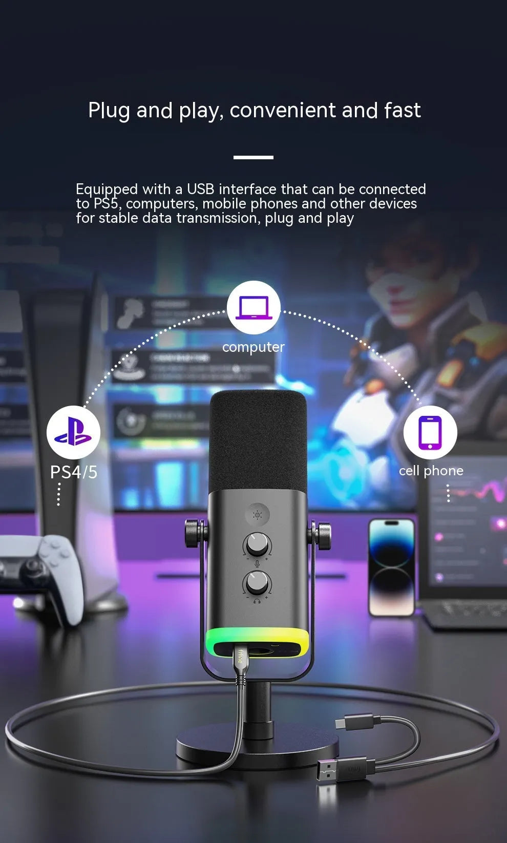 Dynamic noise reduction condenser microphone in black with XLR and USB-C cables on desk stand