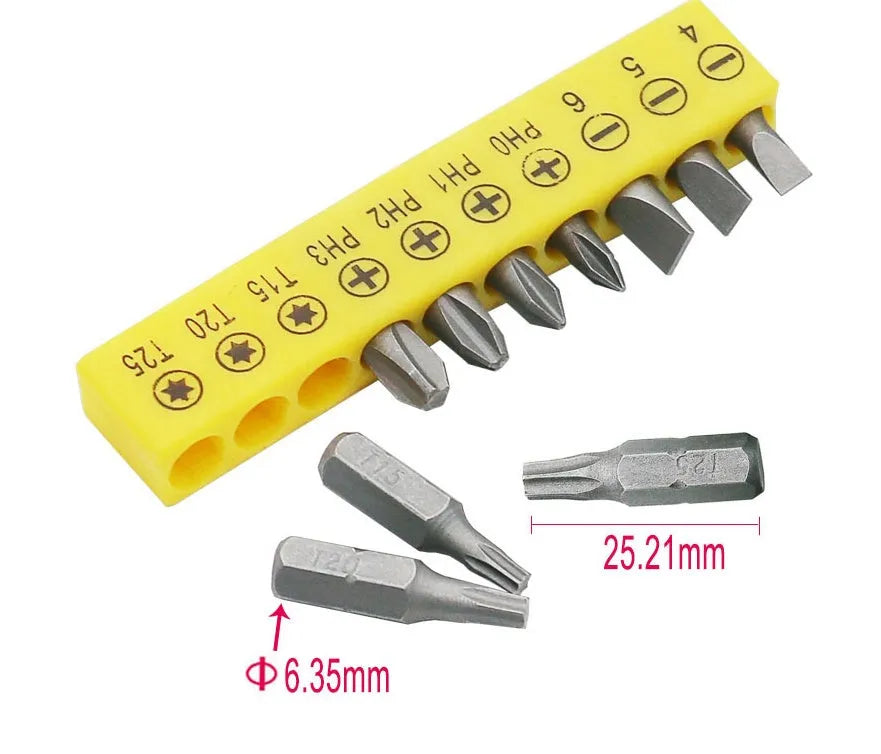L-shaped double-headed socket wrench with 10 screwdriver bits and matching socket wrenches