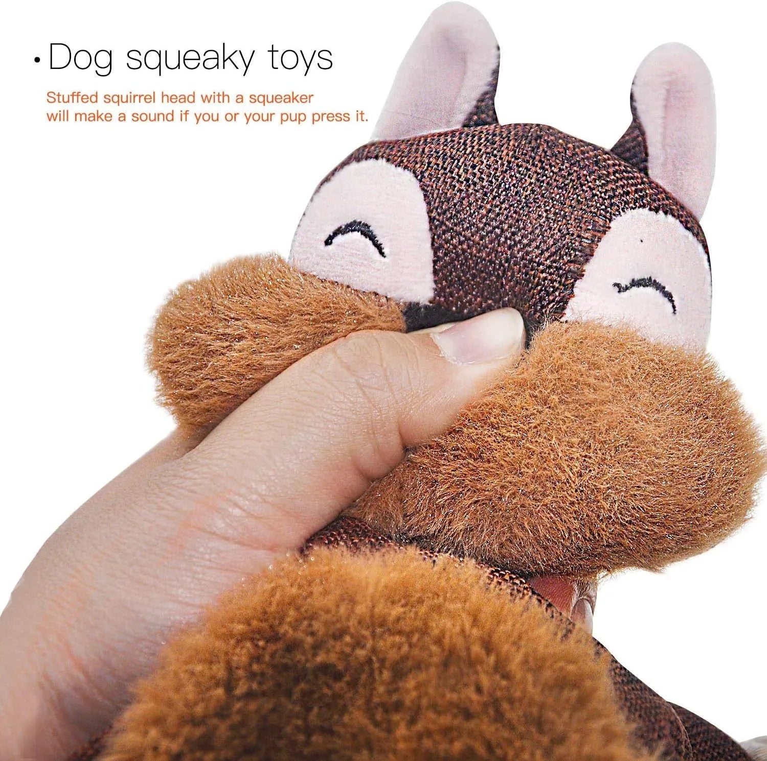 Brown fox-shaped plush dog toy with embroidered eyes, cotton rope limbs, and squeaker crinkle features.