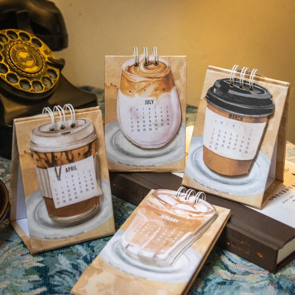 Mini paper desk calendar for 2025 with coffee theme and simple modern design