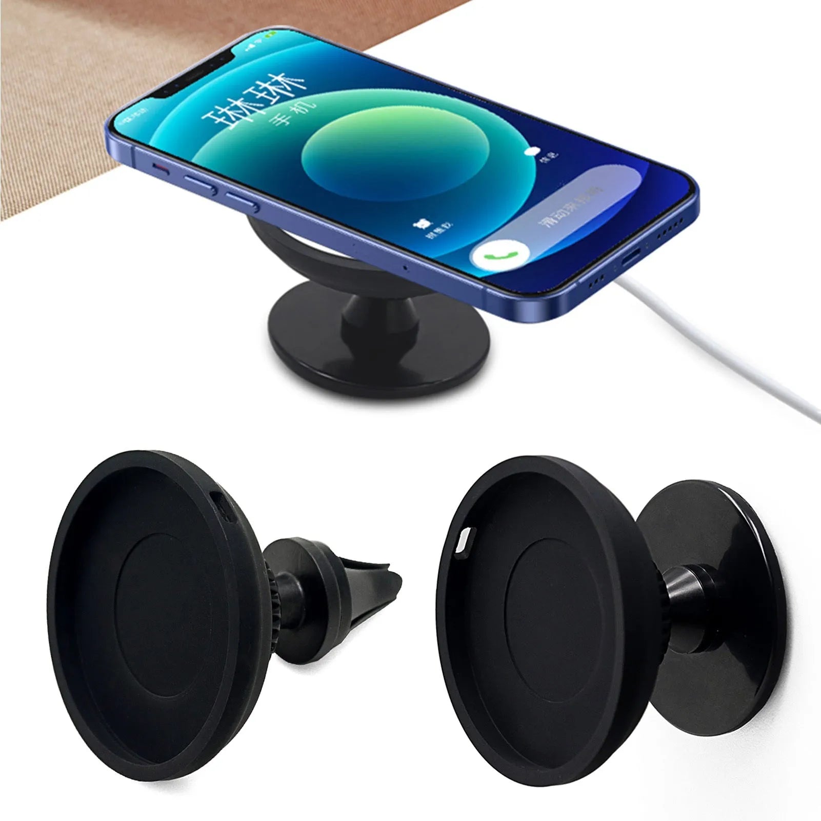 Black plastic magnetic car phone holder with snap-in design for dashboard or air vent mounting