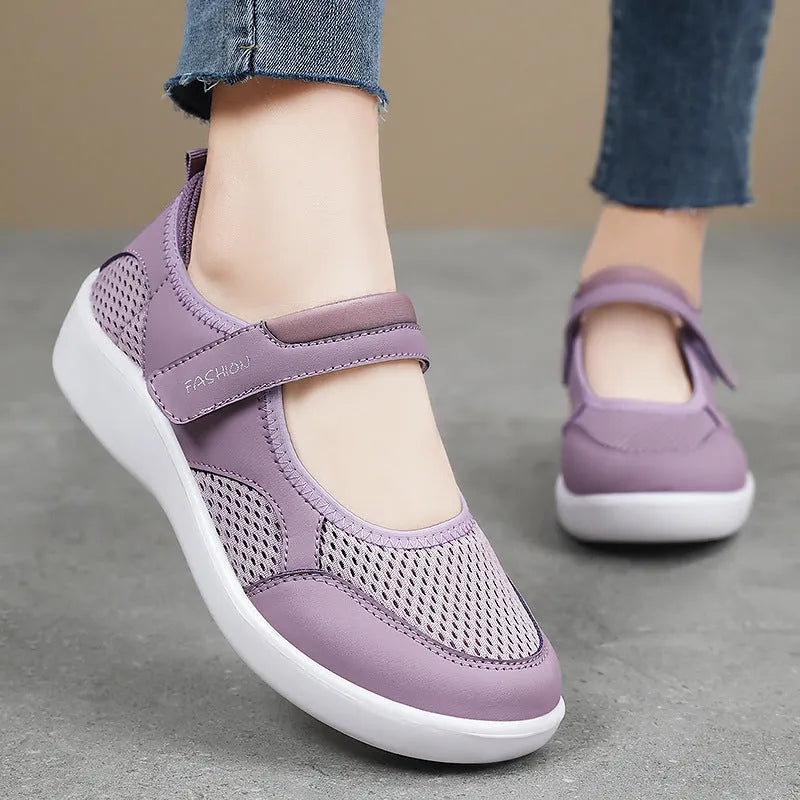 Women's low-top grey mesh casual shoes with velcro strap and round toe