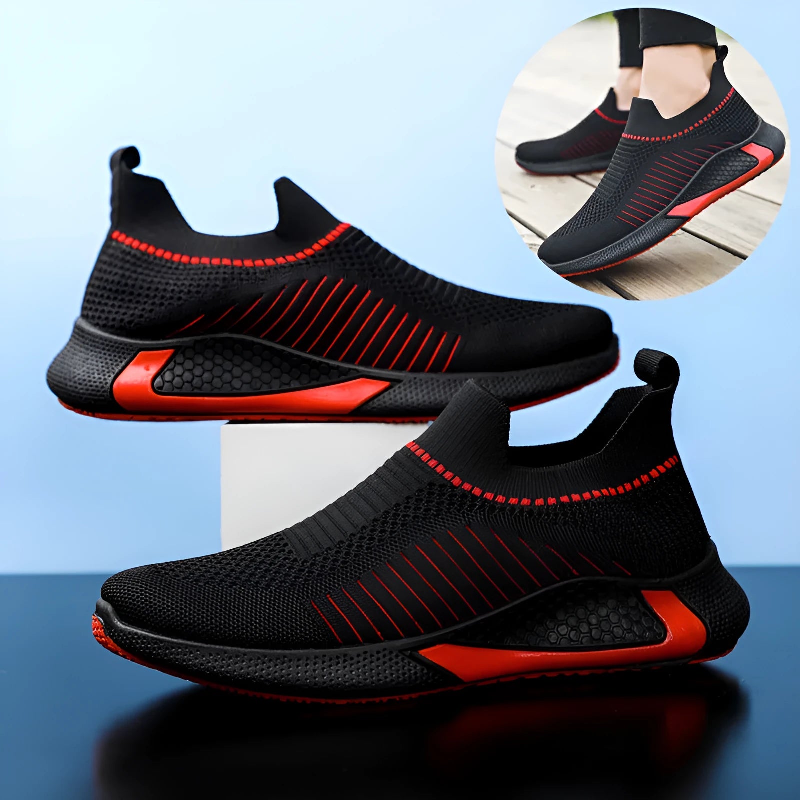 Men's striped mesh slip-on sneakers with flyknit upper and lace closure