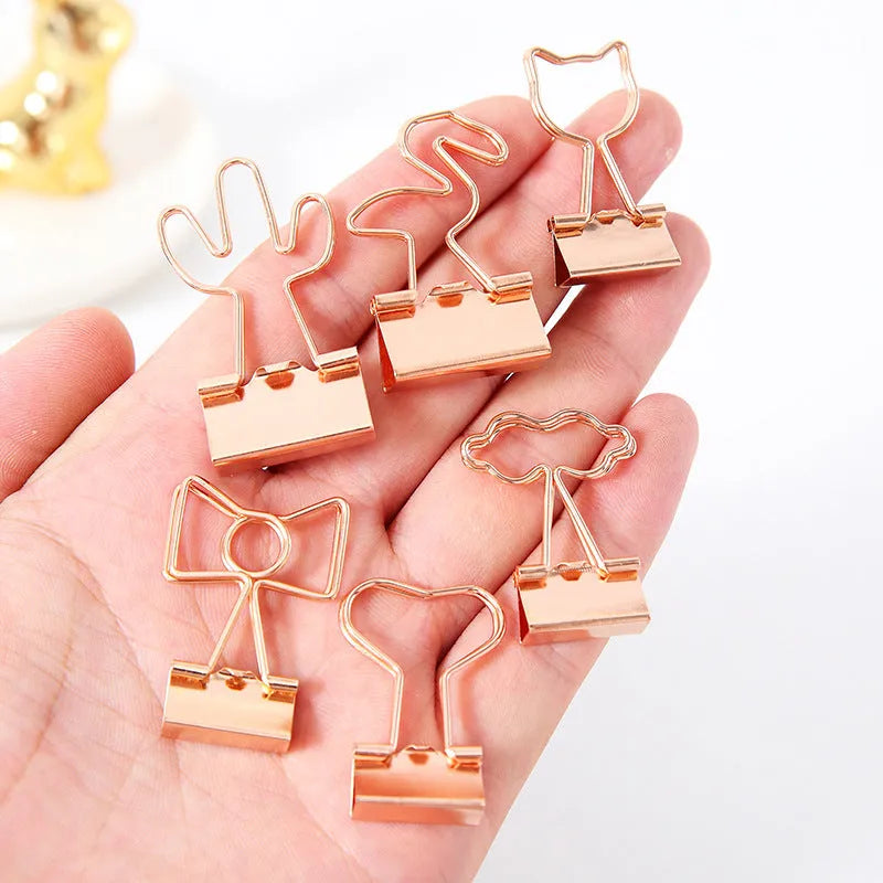 Creative gold-plated long tail paper clip with decorative top shaped like a bow, cactus, cat, flamingo, love, or cloud.