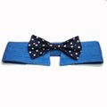 Denim dog collar with blue star pattern and red necktie on adjustable fastener tape.