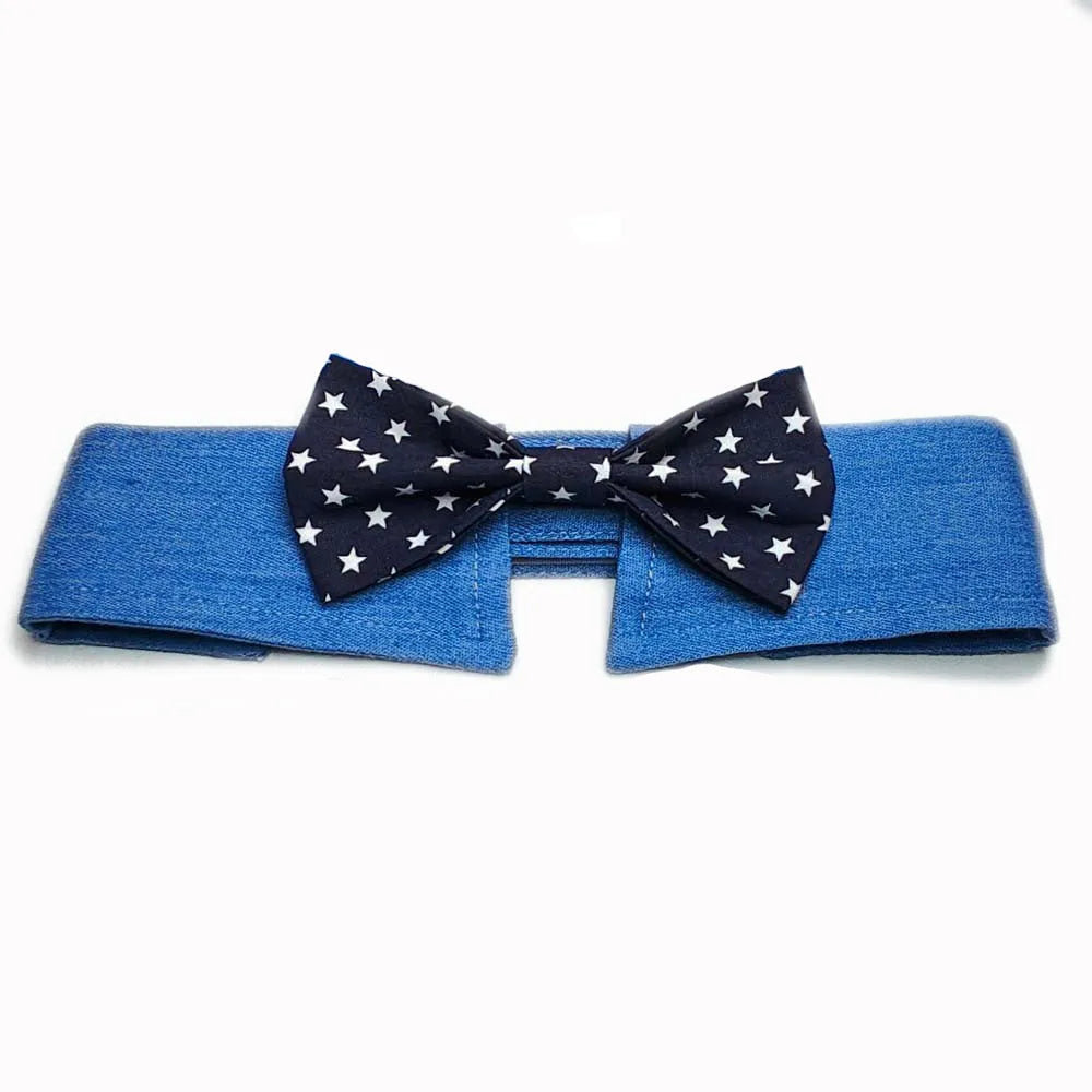 Denim dog collar with blue star pattern and red necktie on adjustable fastener tape.