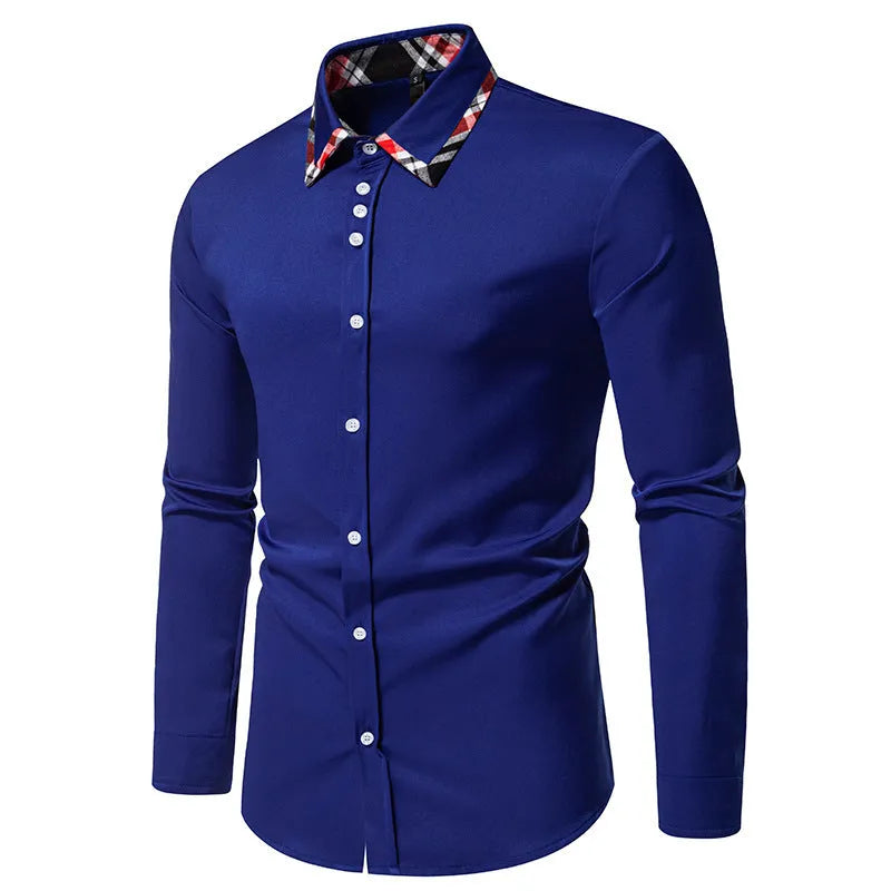 Men's plaid shirt with triangle collar and contrast colour panels in polyester blend fabric