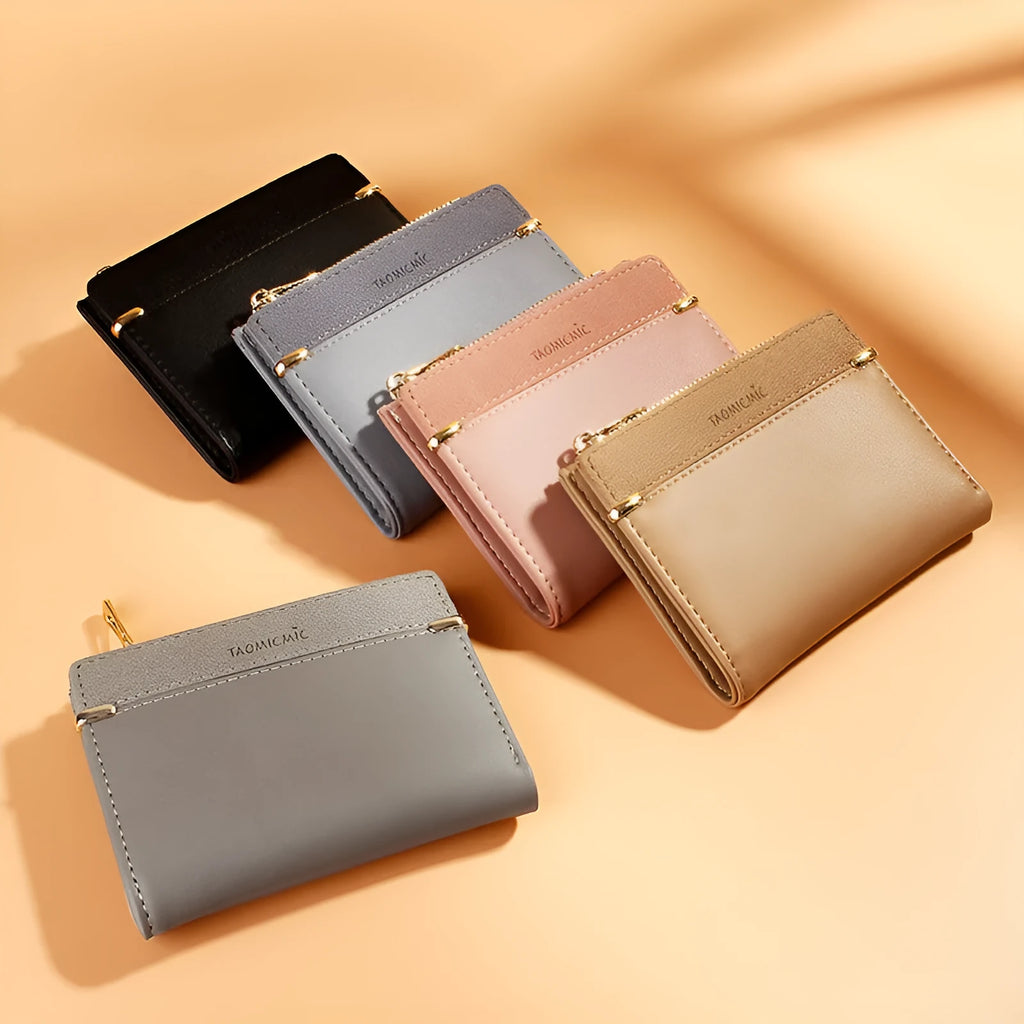 Open view of a ladies PU leather zipper wallet showing multiple card slots, a bill holder, and a change compartment.