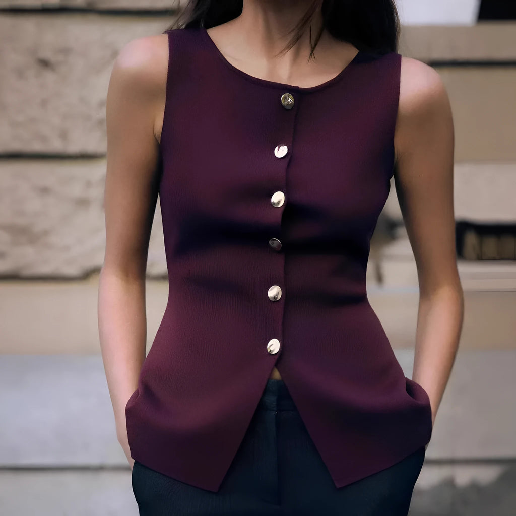 Women's slim fit gold button cardigan vest in viscose fibre, available dark red or white