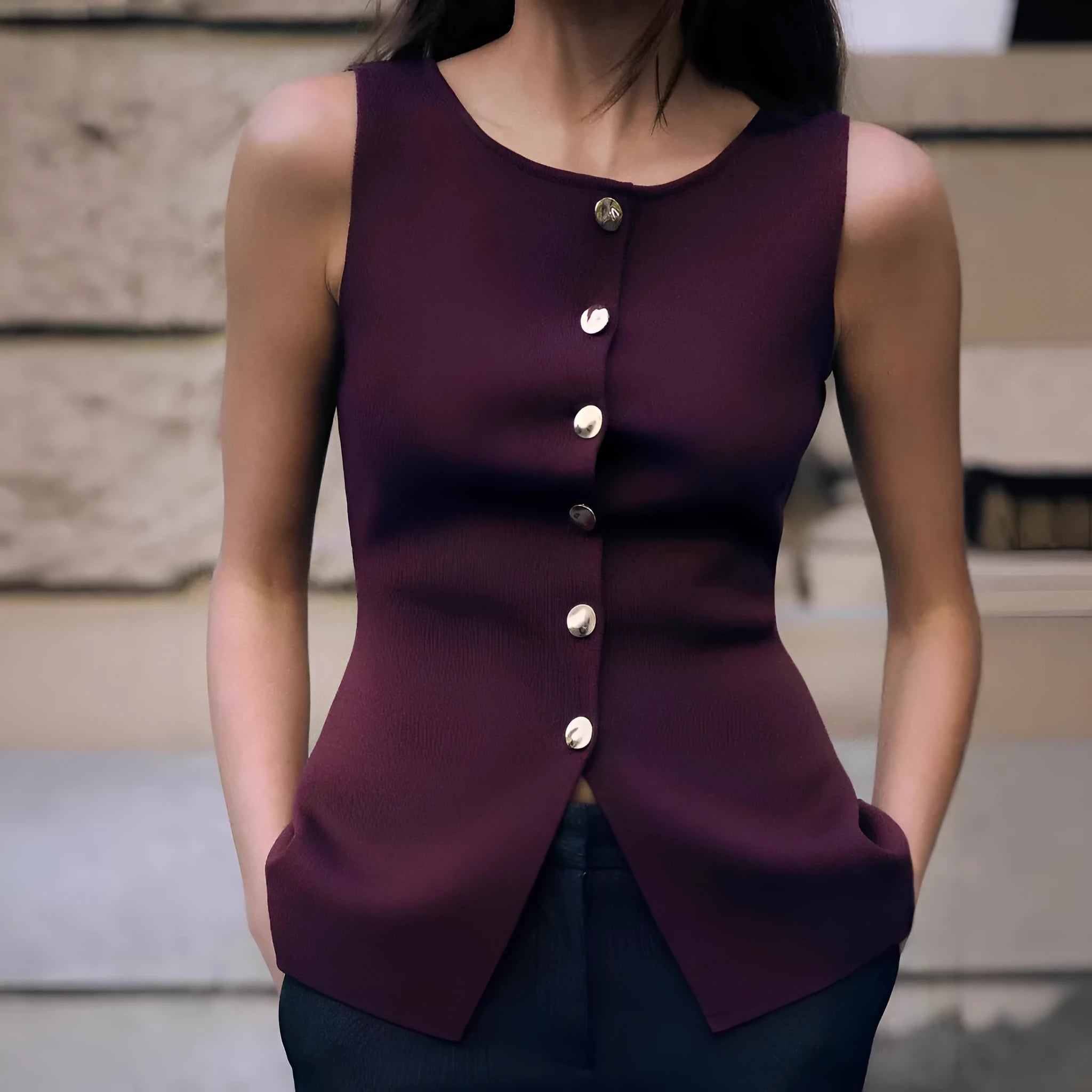 Women's slim fit gold button cardigan vest in viscose fibre, available dark red or white