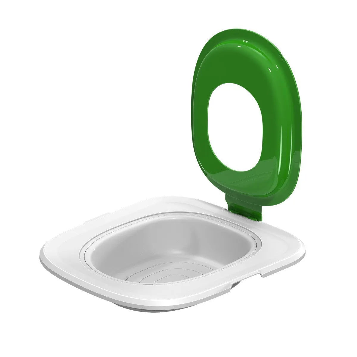 Fifth generation cat toilet trainer in blue, showing its new shape with raised back splash guard.