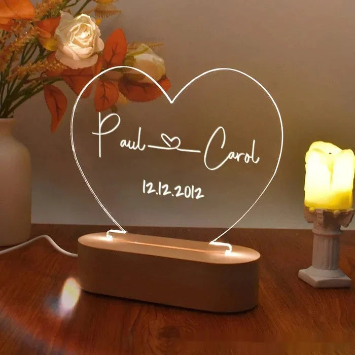 Custom personalised night light with names and date for Valentine's Day anniversary gift