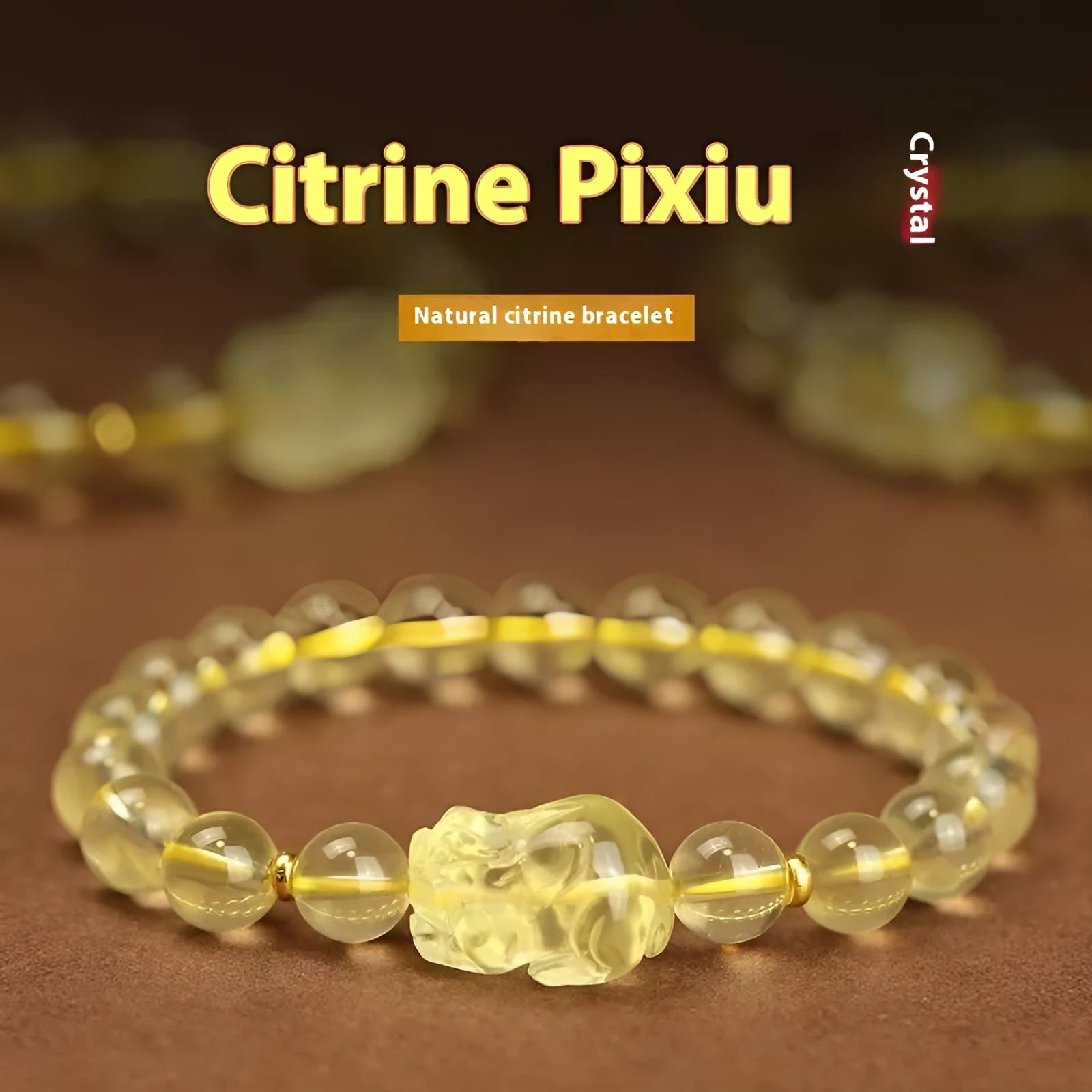 Yellow leather adjustable bracelet with citrine-coloured artificial crystal beads and a Chinese Pi Xiu charm.