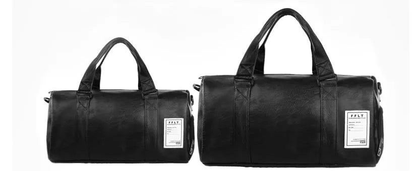 Large black waterproof sports gym bag with separate side shoe compartments and a diagonal carry strap.