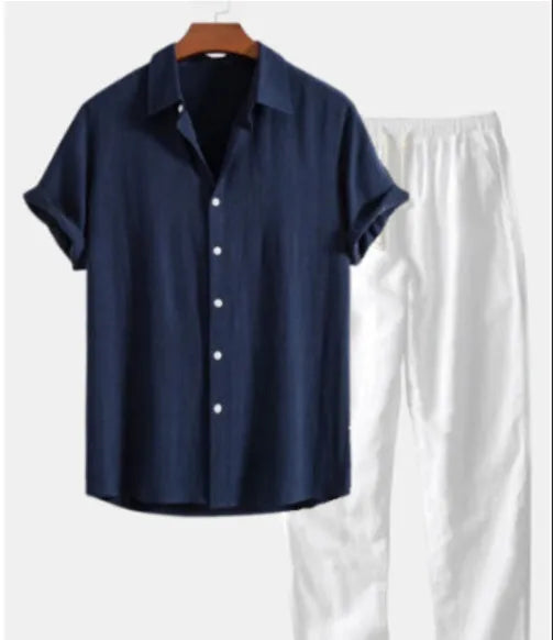 Men's floral print polyester shirt cardigan and trousers casual suit set