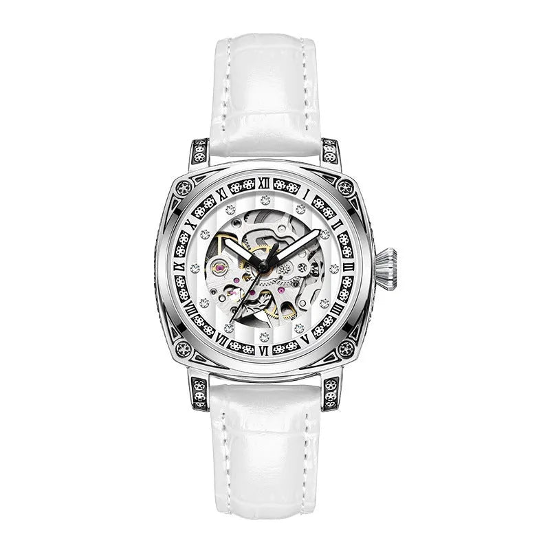 Mechanical watch with luminous hands and leather strap in choice of colours