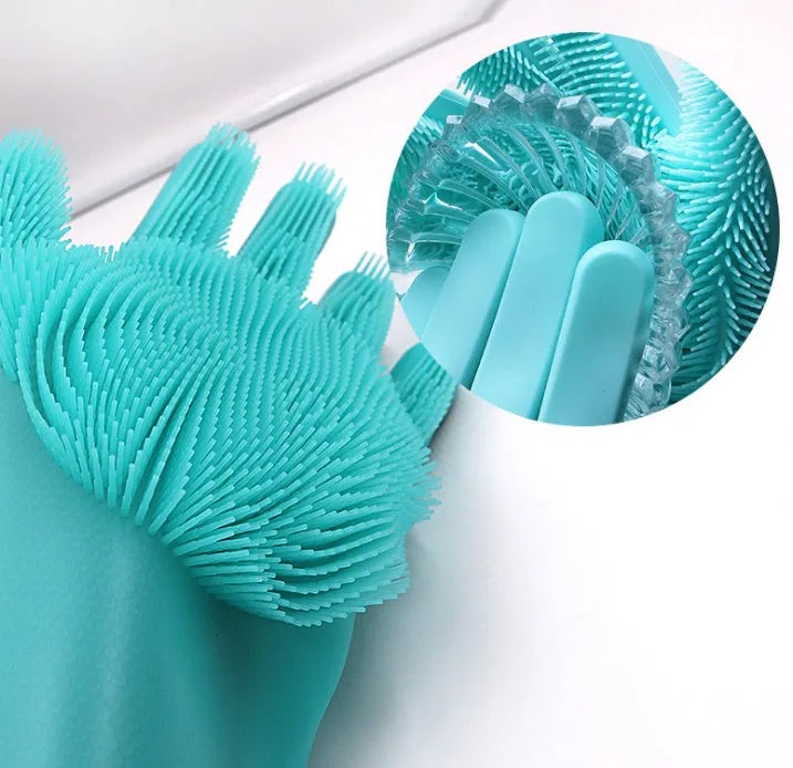 Blue silicone cleaning gloves with textured scrubbing patterns on fingers and palms.