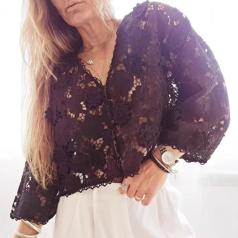 Women's lace cardigan with three-dimensional flower decoration and V-neck design in loose street fashion fit