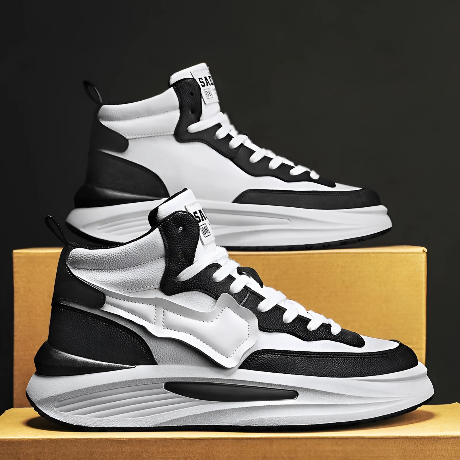 Men's black and white high-top board shoes with round toe and platform design