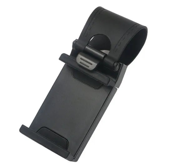 Black universal clip mount holding a mobile phone on a car steering wheel