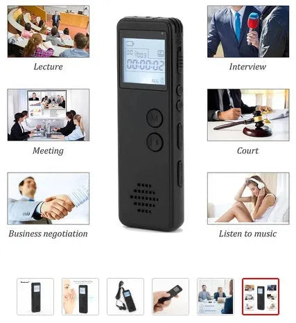 Black matte-finish digital voice recorder with screen, showing compact 88mm size.