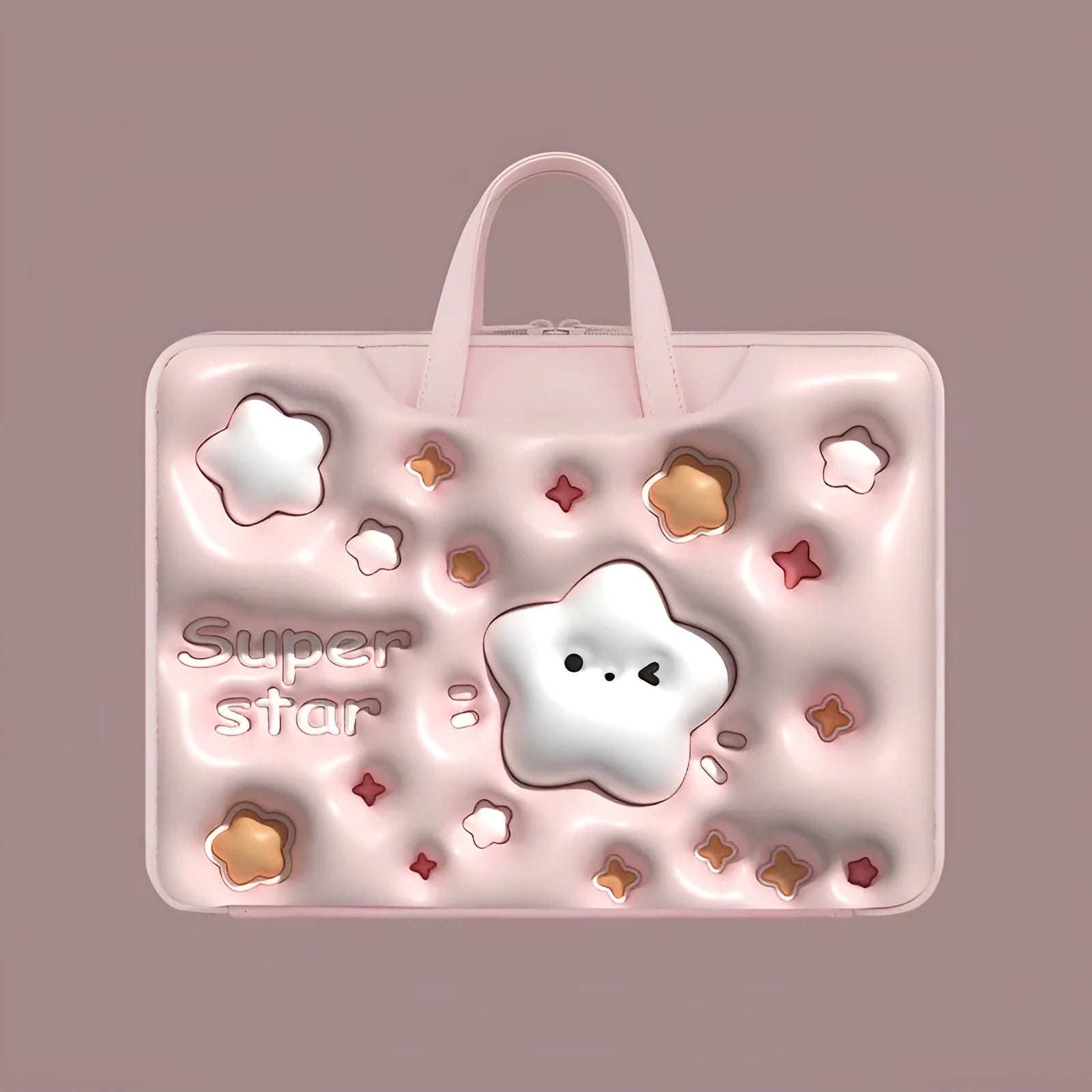 Inflatable laptop bag in a cute panda design with a strap for attaching to a suitcase handle.