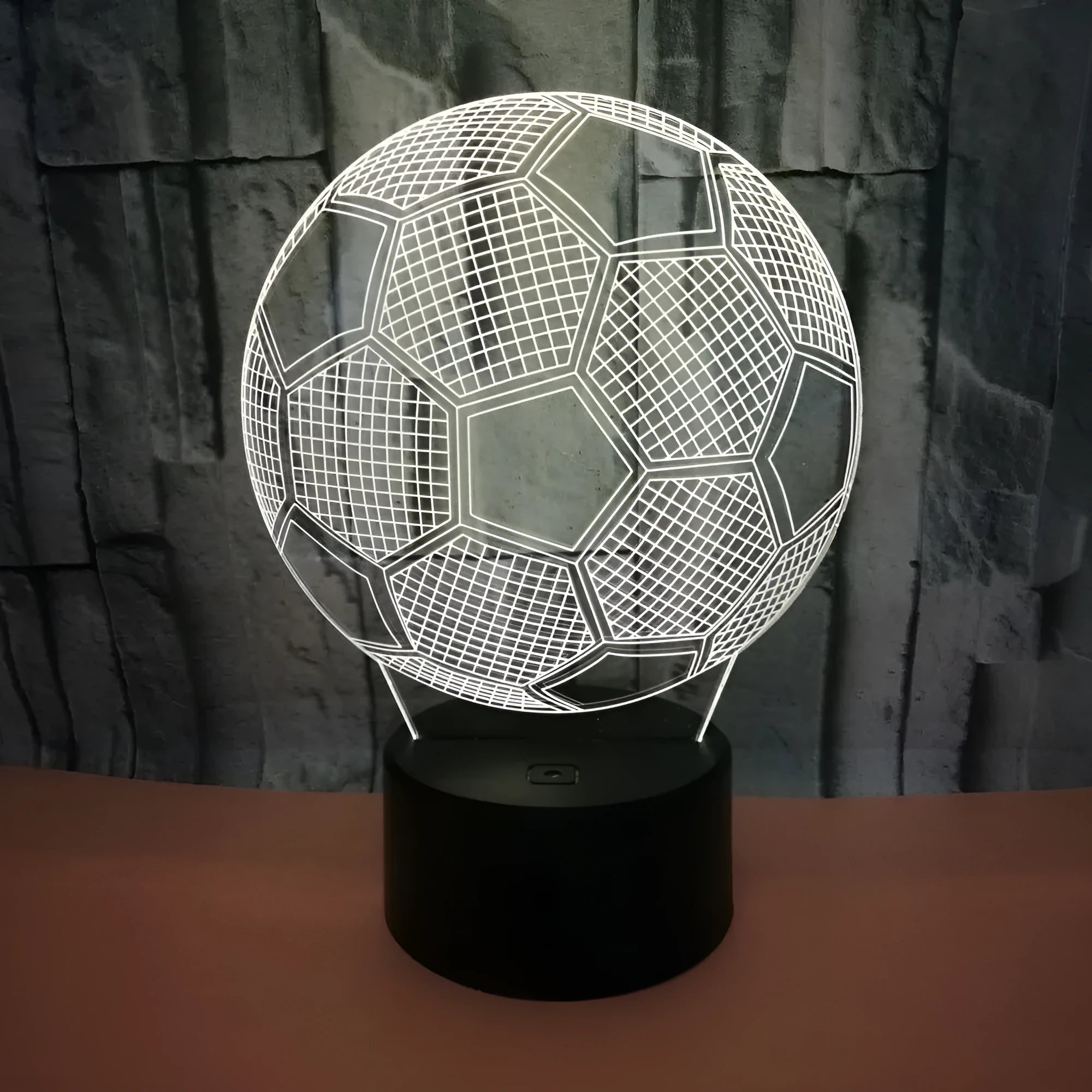 3D football night light showing colour changing display with touch controls and USB cable