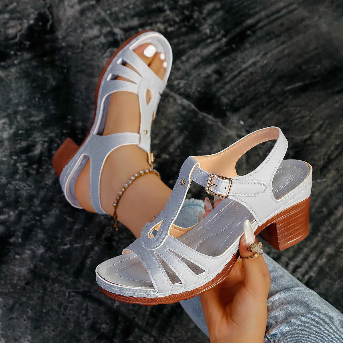 Women's peep toe wedge platform sandals in beige with a buckle strap on a PU leather upper.