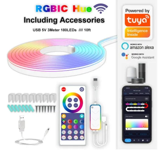 3-metre long flexible RGB neon LED light strip with remote control, showing colour-changing effects.