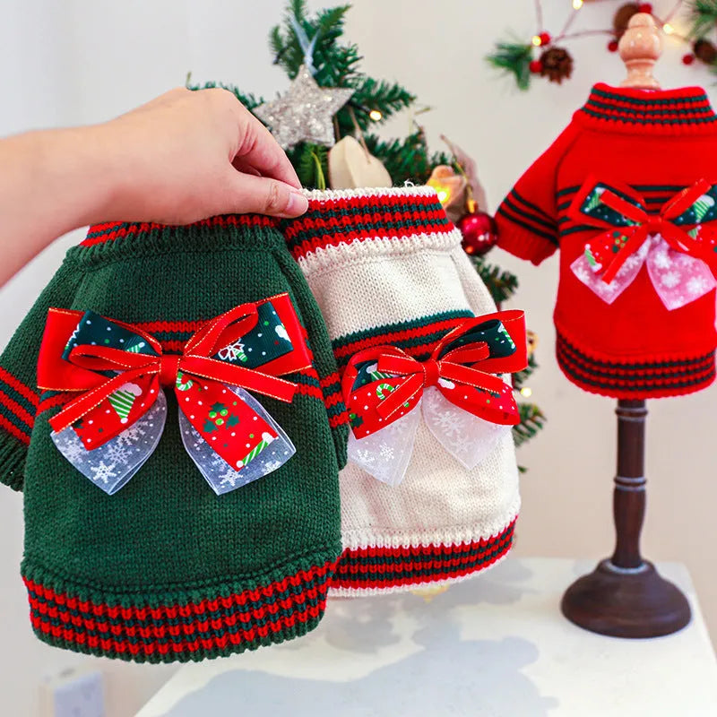 Red and green polyester Christmas jumper for a small dog or cat, showing size range from XS to XL.