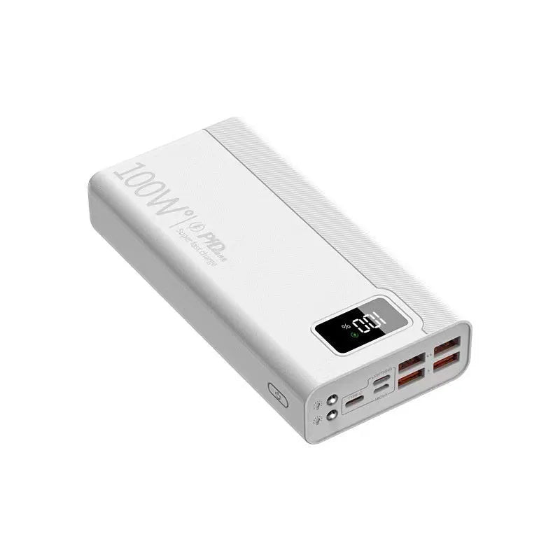 Black and white large capacity power bank showing front view with dimensions 150mm by 76mm.