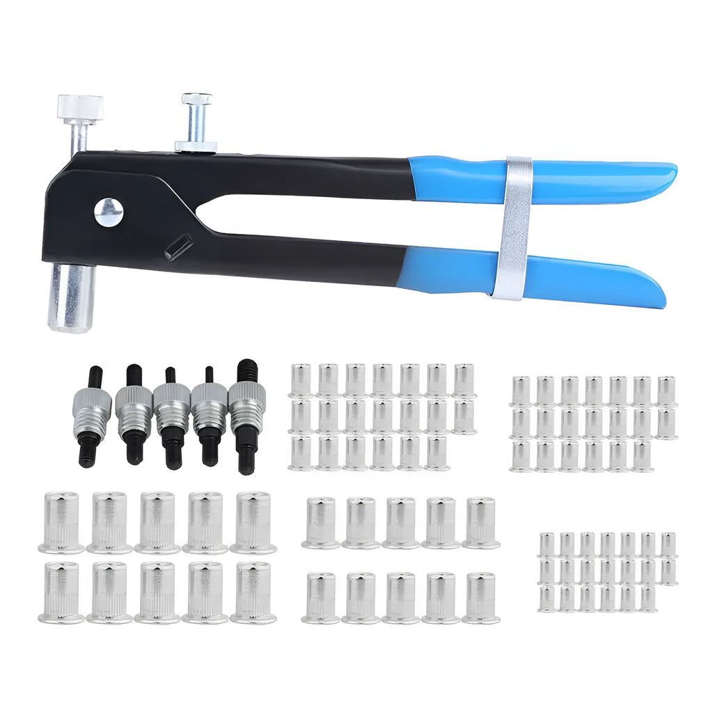 Manual riveter nut set tool with alloy steel body and selection of mandrels for DIY and professional fastening