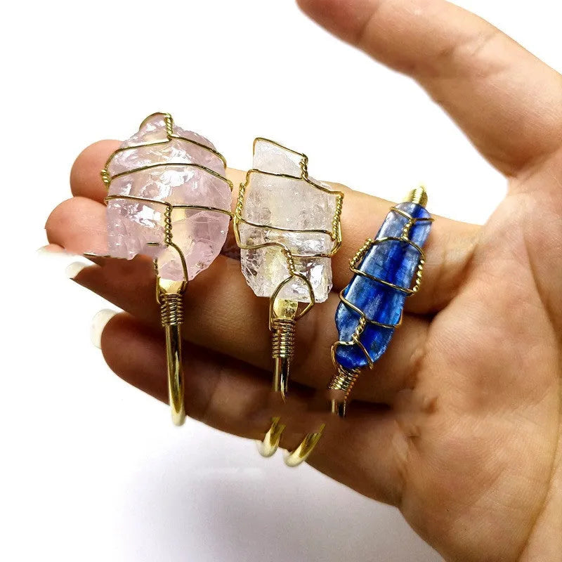 Natural crystal rough stone bracelet with gold winding geometric design