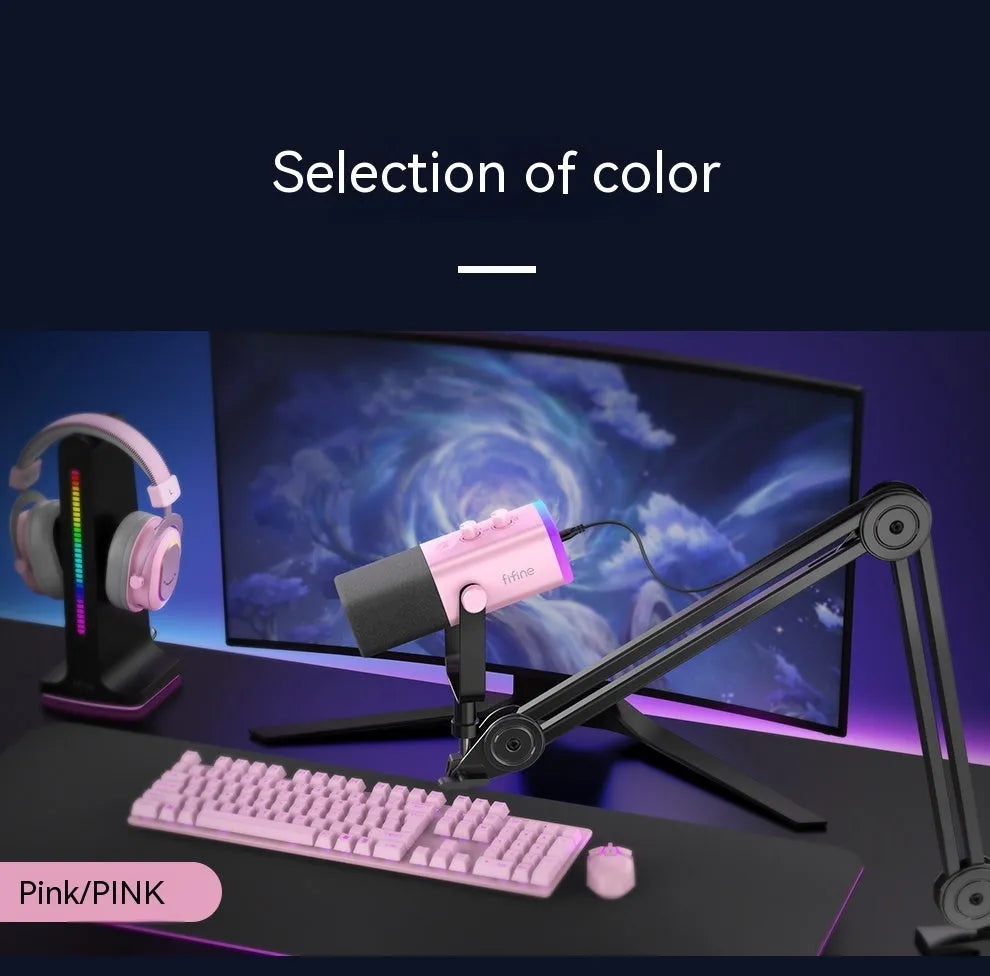 Dynamic noise reduction condenser microphone in black with XLR and USB-C cables on desk stand