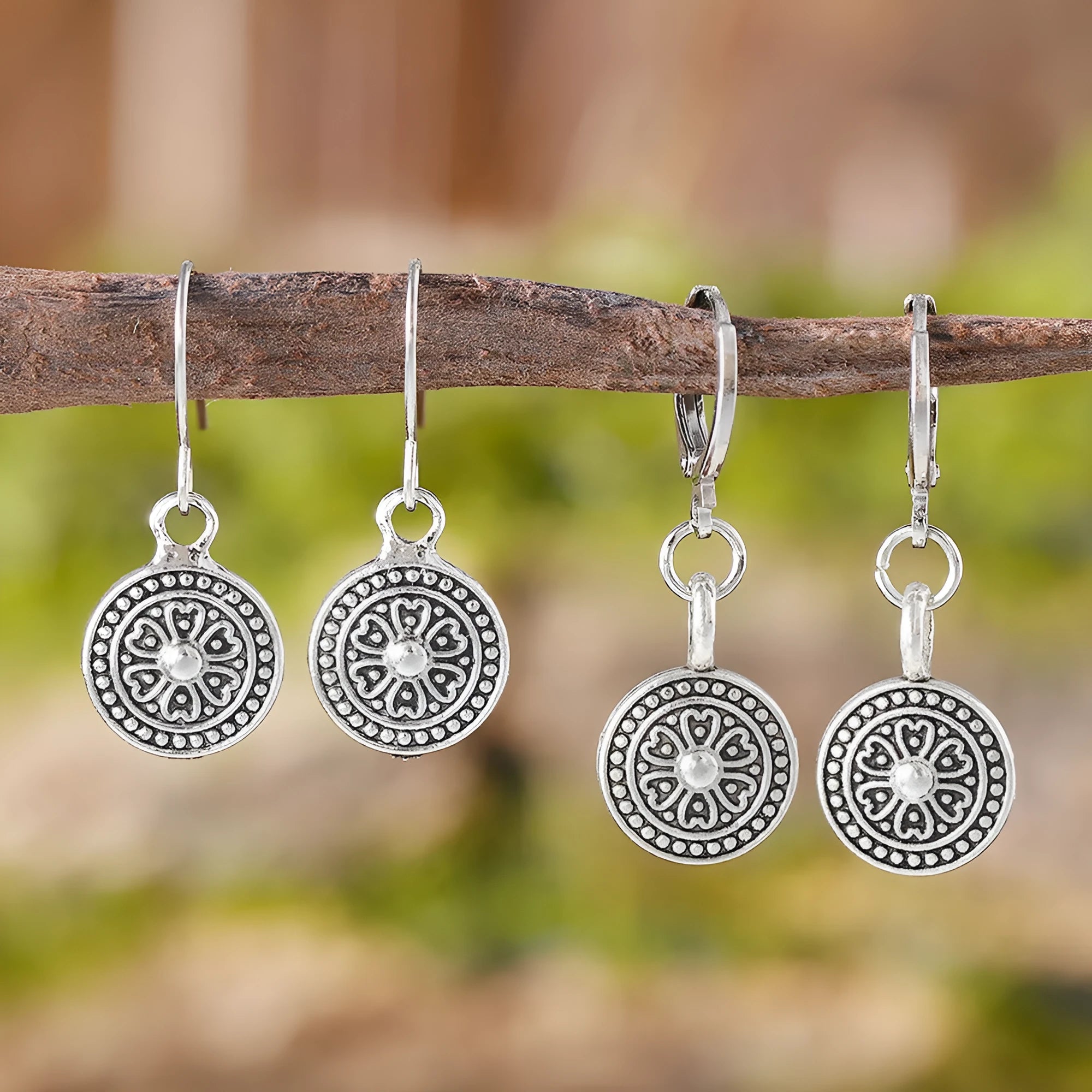 Bohemian style retro round earrings with distressed ethnic print and geometric zinc alloy construction