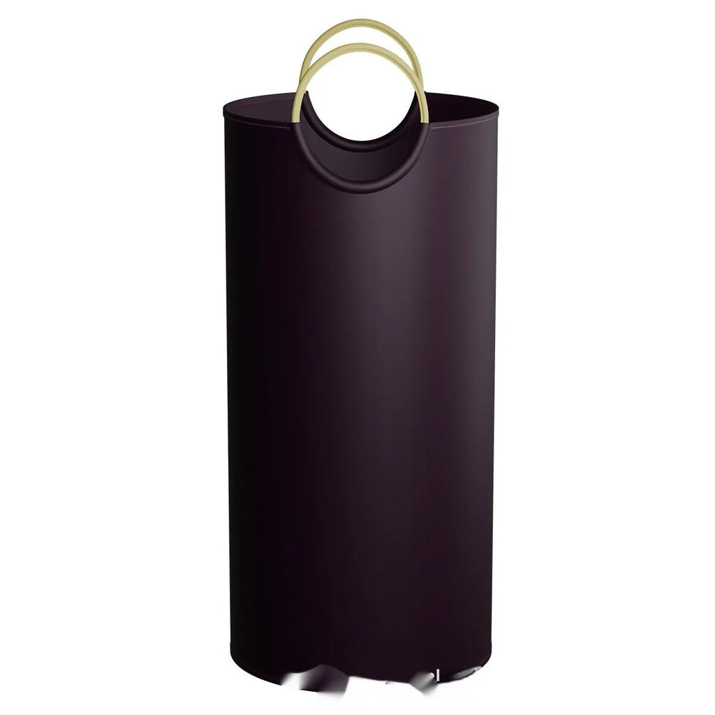 Portable round blue patterned trash can with white bag, 38cm wide and 72cm tall.