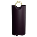 Portable round blue patterned trash can with white bag, 38cm wide and 72cm tall.