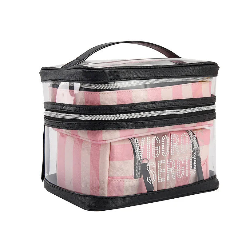 Pink striped floral pattern synthetic leather folding buggy bag makeup kit