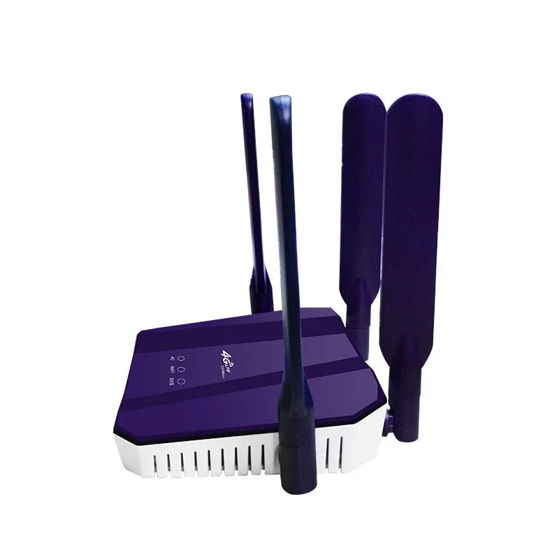 Blue 4G dual mode router with four external antennas showing front panel and connectivity ports